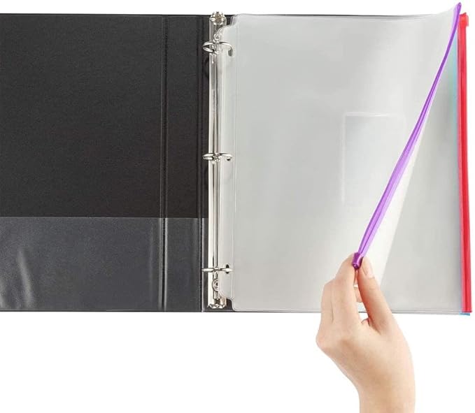 YoeeJob 8 Packs 3-Hole Clear Zipper Binder Pockets, Binder Insert Pages with Card Slots Suitable for School or Office to Organize Document, Black