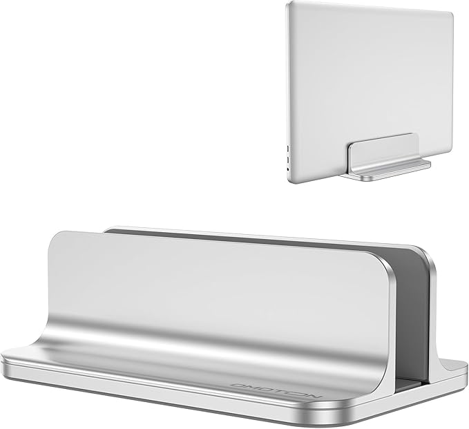 OMOTON Vertical Laptop Stand Holder, Desktop Aluminum Stand for MacBook with Adjustable Dock Size, Fits All MacBook, Surface, Chromebook and Gaming Laptops (Up to 17.3 inches), Silver