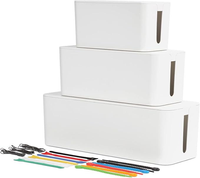 Oxford Cable Management Boxes, 3 Pack, Small, Medium, Large, 15 Cable Ties (Hook & Loop, Silicone,Twist Ties), Power Strip Organizer, White (27800)