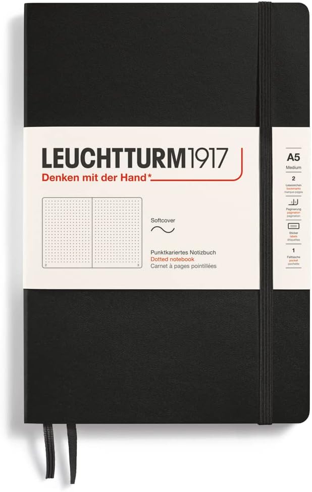 LEUCHTTURM1917 - Notebook Softcover Medium A5-123 Numbered Pages for Writing and Journaling (Dotted, Black)