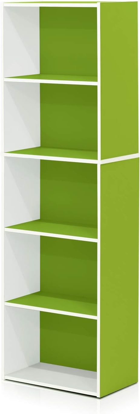 Furinno LUDER Book Shelf, 5-Cube Bookshelf, Bookcase with Open Shelf, 9.4 x 15.8 x 52, for Living Room, Bedroom, Home Office, White/Green