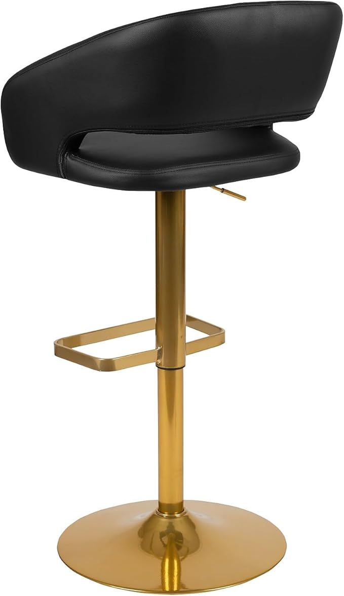 Flash Furniture Erik Comfortable & Stylish Contemporary Barstool with Rounded Mid-Back and Foot Rest, Adjustable Height - Black Vinyl with Gold Base, Set of 2