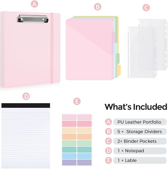 SKYDUE Small 3 Ring Binder with Clipboard, 8" × 10" PU Mini 1 Inch Binder with Notepad, 5 Dividers, and Labels, Clipboard Folder Great for School Office(Fit Half Letter Sized Paper)