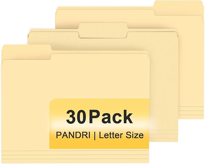 File Folder, PANDRI 30 Pack File Folder, 1/3 Cut Tab, Letter Size, Filing Folder for Office School Business, Manila