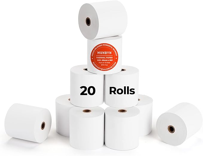 MUNBYN Thermal Receipt Paper 3 1/8 x 230ft, Work for Star Micronics TSP100 TSP143 Epson 80mm Receipt Printer Square POS Register, 80mm Thermal Receipt Paper, BPA Free, 20 Rolls