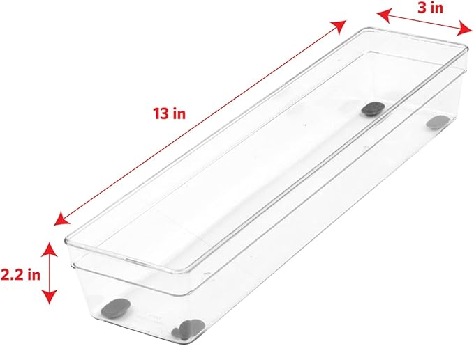 Glad Plastic Drawer Storage Tray – Heavy Duty Organizer Bin for Home, Kitchen, Bath, Bedroom, Office | Non-Slip Feet, 13" x 3", Clear