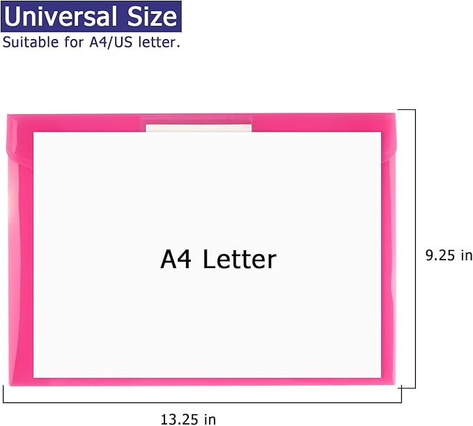 6 Pack Clear Document Folders Plastic Envelopes Poly Envelopes File Envelopes with Label Pocket and Snap Button for Home Work Office Organization, Letter Size/A4 Size (Pink)