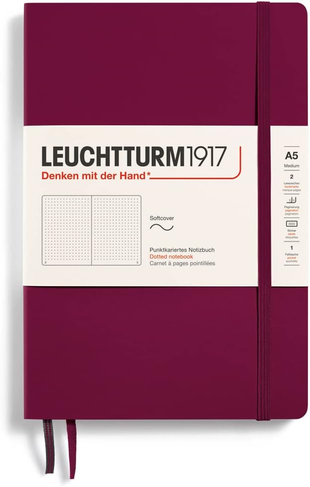 LEUCHTTURM1917 - Notebook Softcover Medium A5-123 Numbered Pages for Writing and Journaling (Dotted, Port Red)