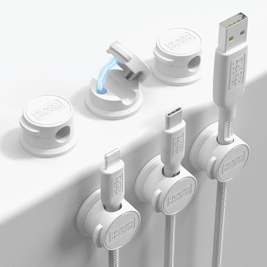 BLACK+DECKER Magnetic Cord Organizer Holder, 6 Pack Magnetic Cable Clips, Under Desk Cable Management, Strong Adhesive Cord Holder for Nightstand Kitchen Appliances Car Wall Office (White)