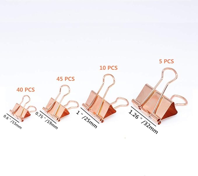 Binder Clip Paper Clamps, Assorted Sizes (Mini, Small, Medium, Large), 100 Pcs Clips for Office School Supplies (Rose Gold)