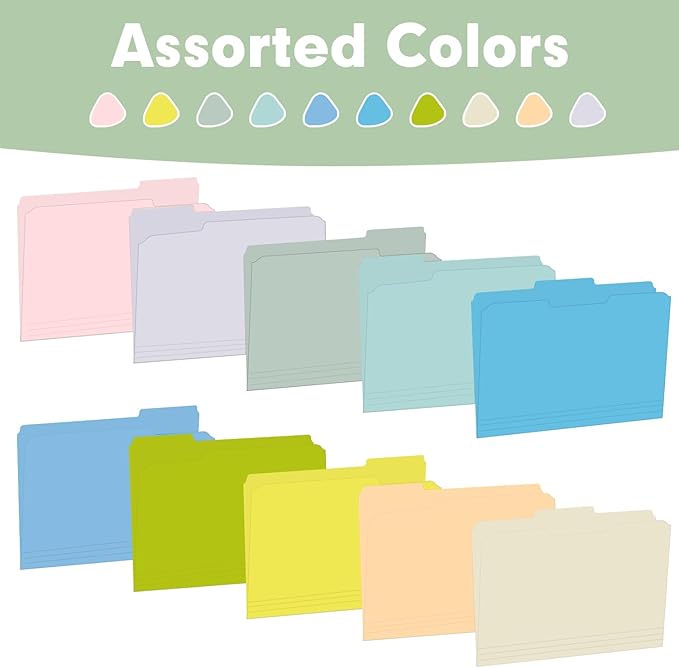 File Folder, RAZCC 100 Pack Colored File Folders, 1/3 Cut Tab File Folder Letter Size, Filing Folders with Tabs for Office School Business Use, Assorted 10 Colors