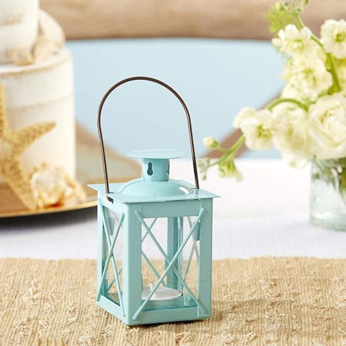 Kate Aspen Rustic Shelf Decor Luminous Vintage Tea Light Votive Candle Holders Metal Mini Decorative Lantern, Distressed Teal Blue