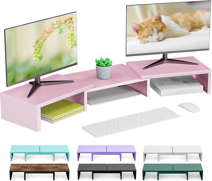 Dual Monitor Stand for Desk, Metal Monitor Riser, Pink office Supplies and Accessories (Pink)