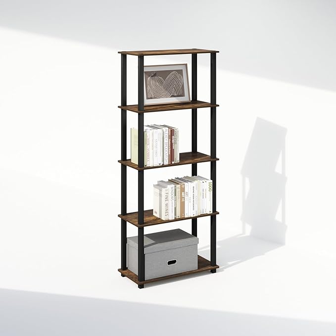 Furinno Turn-S-Tube Storage Shelves Set of 2, 3-Tier Book Shelf, Corner Shelf, Toolless Open Shelves, Square Tubes, for Organization and Storage, Living Room, Garage, Home Office, Amber Pine