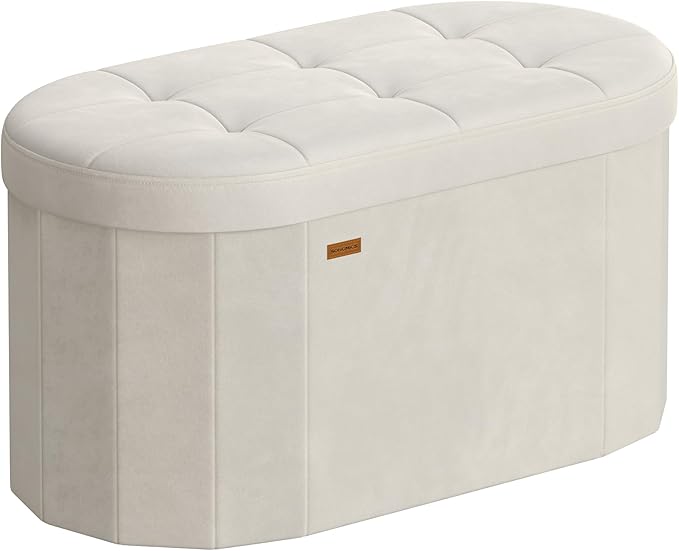 SONGMICS Mazie Collection - Folding Ottoman with Storage, Oval Storage Ottoman Bench, for Living Room, Bedroom, Velvet Fabric, 15 x 30 x 15 Inches, Cream White ULSF267LH01