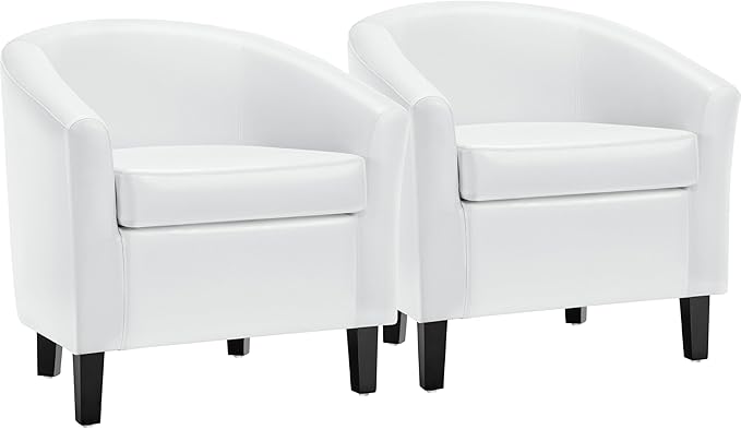 Yaheetech White Accent Chairs Set of 2, Faux Leather Barrel Chairs, Modern Living Room Chairs, Comfy Club Chairs with Sturdy Wood Legs for Bedroom/Reading/Room/Waiting Room, White