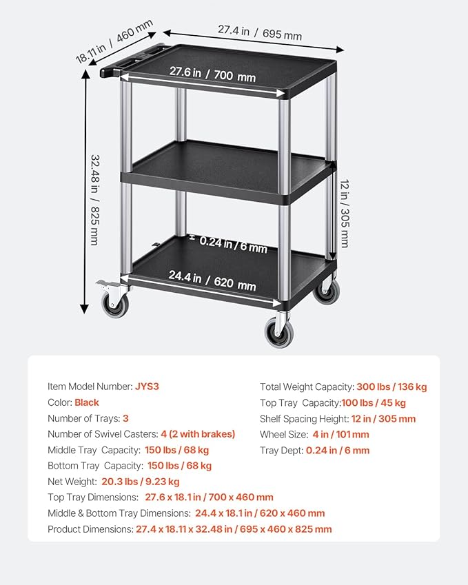 VEVOR Utility Cart, 300 lbs Load Capacity, 27.6 x 18.1-inch Service Cart, Three-Shelf Heavy Duty Plastic Utility Cart with 360° Swivel Wheels (2 with Brakes), Suitable for Warehouse, Garage, Cleaning