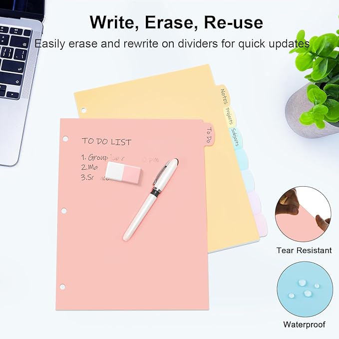 8 Count/1 Set Write & Erase Binder Dividers with Tabs, Plastic 8 Tab Dividers for 3 Ring Binder Letter Size, Separators for Student School Home Office Document Organizer, Pastel