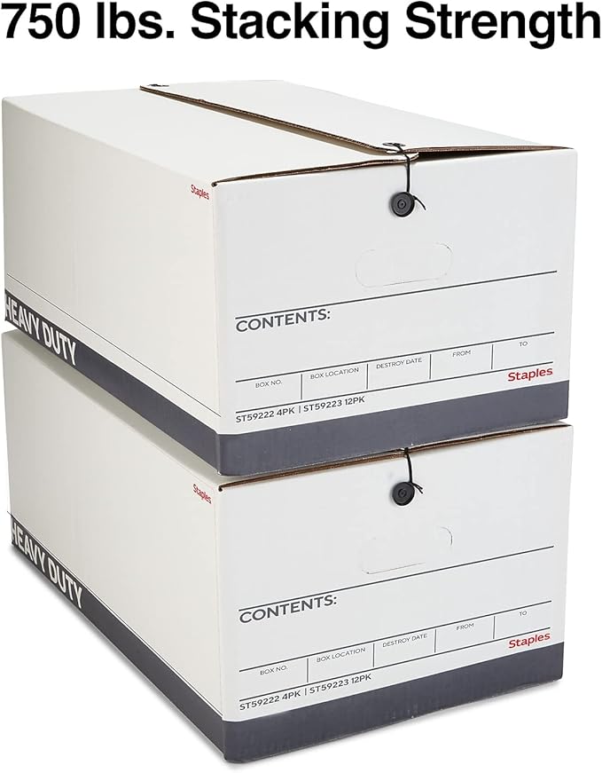 STAPLES Storage & Filing Box, Heavy-Duty with Handles & String-Button Lid, Letter Size Documents, Stackable, 4-Pack, White/Gray