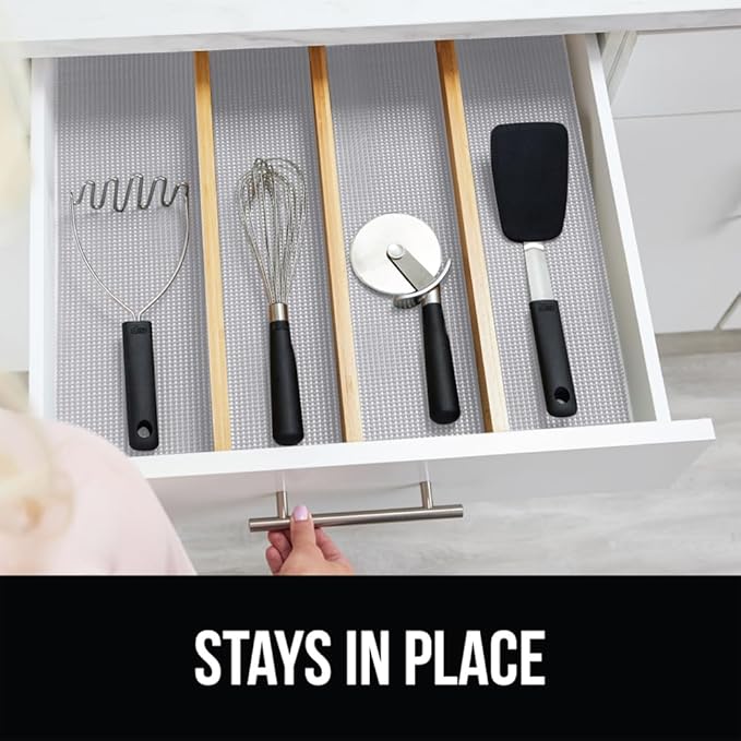 GORILLA GRIP powerGRIP Drawer Shelf and Cabinet Liner, Thick Strong Hold, Non-Adhesive Liners Protect Kitchen Cabinets and Cupboard, Bathroom Drawers, Easy Install, Breathable Mat, 17.5" x30', Lt Gray