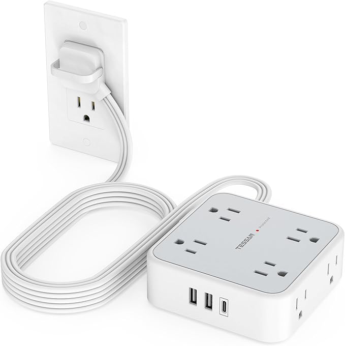 TESSAN Surge Protector Power Strip Flat Plug, Long Extension Cord 10 FT with 8 Outlets, 3 USB Ports(1 USB C), 3-Sided Outlet Extender, 900 Joules Protection, Desk Charging Station for Home, Office