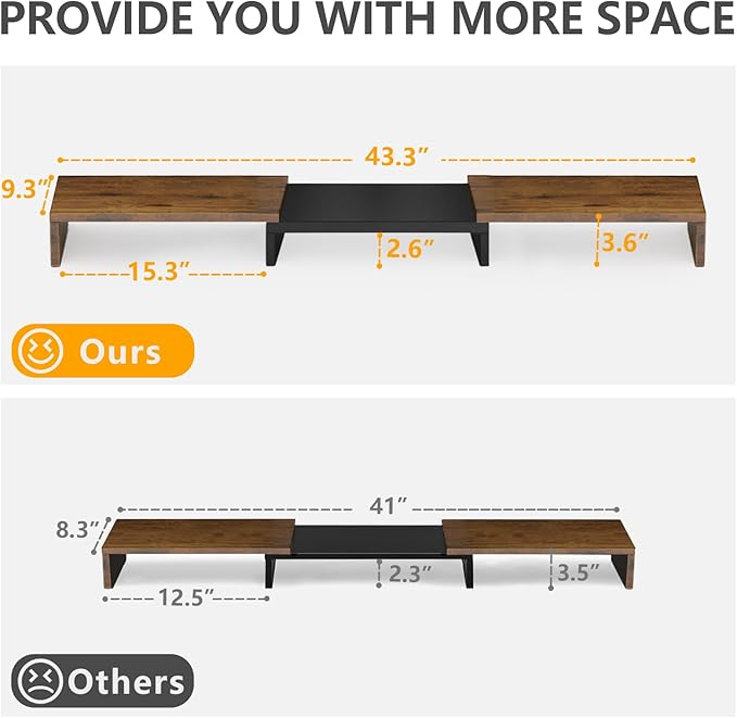 TAVR Dual Monitor Stand Riser, Computer Monitor Stands for 2 Monitors, Extra Long Multifunctional Desktop Organizer Riser for Computer, Laptop, PC, Printer, TV, Max 43.3" Length, Rustic Brown