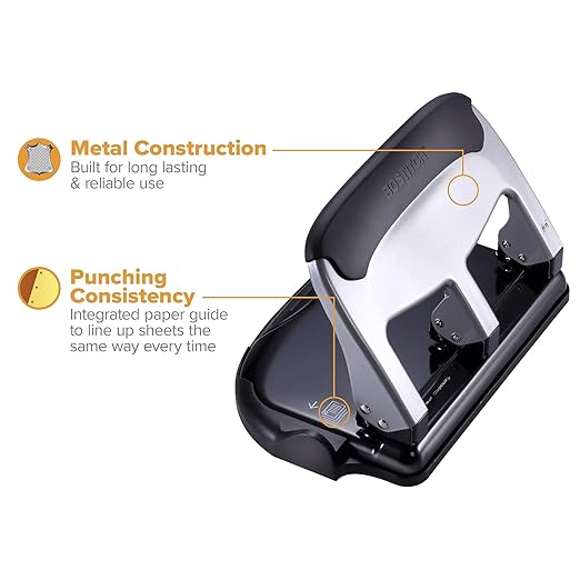 Bostitch Office EZ Squeeze Heavy Duty 3 Hole Punch, 40-Sheet Capacity, Use Less Force, Perfect for Home Office School Supplies, Sleek Design, Silver