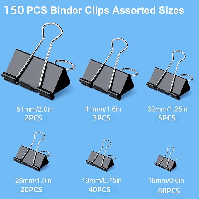 150 PCS Binder Clips Assorted Sizes, Extra Large Medium Small Mini and Micro, Metal Paper Binder Clip Black,Paper Clamps, 6 Sizes for Office, School and Home