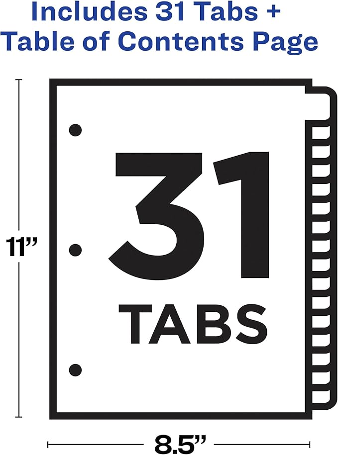 Avery 1-31 Dividers for 3 Ring Binders, 31 Tabs per Set, Customizable Table of Contents, Multicolor Tabs, Great for Organizing Reports, Projects, and More (12 Sets of 11129)