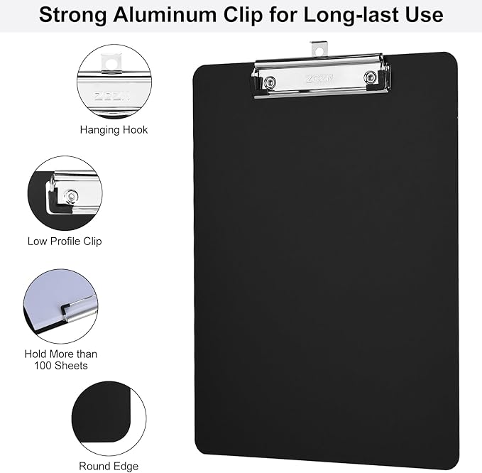 ZCZN Metal Clipboards, 6 Pack Heavy Duty Aluminum Clipboards 12 x 9 Inches, A4 Letter Sizer Document Holder with Low Profile Clip, Suitable for School, Office, Jobsite or Medical Staff, Black