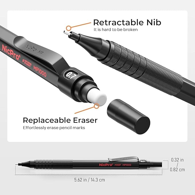 Nicpro 33PCS Black Metal Mechanical Pencil Set in Leather Case, Art Drafting Pencil 0.3, 0.5, 0.7, 0.9 mm, 2mm Lead Holders for Sketching Drawing with 18 Tube (6B 4B 2B HB 2H 4H Colors) Lead Refills