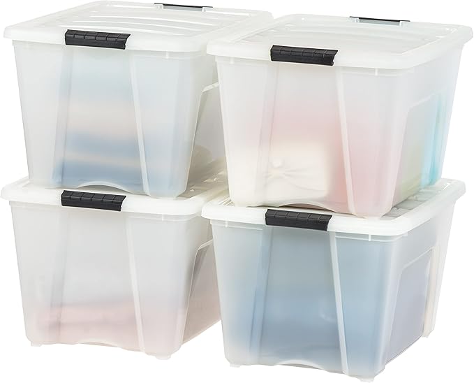 IRIS USA 54 QT Plastic Storage Box with Lid and Latches - 4 Pack - BPA-Free, Discreet Organizing Solution, Durable Nestable Stackable Containers, Secure Pull Handle - Pearl