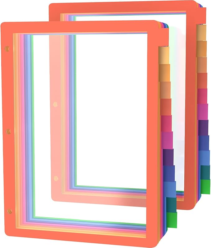 HABGP 3 Ring Binder Dividers, 12-Tab Plastic Clear Binder Dividers, Multicolor Monthly Dividers, Letter Size File Organizer 3 Hole Punch, 2 Set 24 Pcs Write On Tabs for Notebook