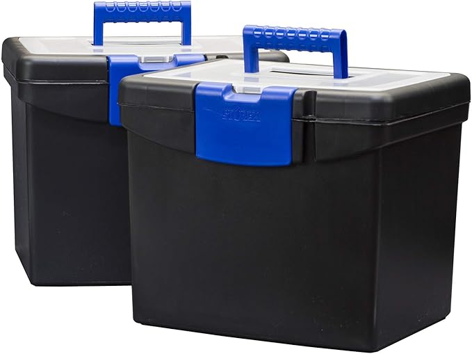 Storex Portable File Box, with Lockable XL Supply Storage Lid and Carry Handle, Black/Blue, 10.9 x 11 x 13.25 Inches, 2-Pack (61415B02C)