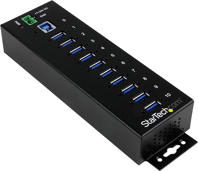 StarTech.com 10-Port USB 3.0 Hub - 5Gbps - Metal Industrial USB-A Hub with ESD & Surge Protection - Din Rail, Wall or Desk Mountable - TAA Compliant USB Expander Hub (ST1030USBM)