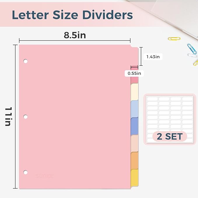 SUNEE 8 Tab Binder Dividers,Plastic Dividers for 3 Ring Binder,3 Ring Binder Dividers with Tabs for School Office Home Supplies,Pastel Color, 2 Set