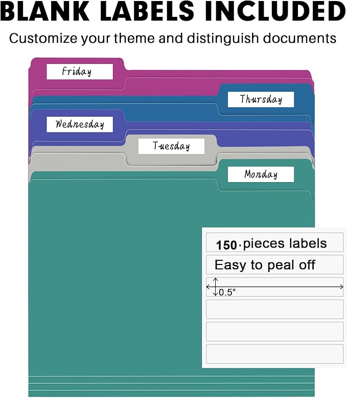 File Folder, RAZCC 150 Pack 1/3 Cut Tab File Folders Letter Size, Colored File Folders for Office Classroom Use, Colored Folders with Tabs, Assorted 5 Colors
