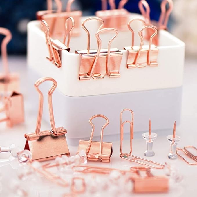 Paper Clips and Binder Clips Set, Metal Assorted Sized Binders with Push Pins, Cute Office Supplies for Desk, Desk Accessories (Square-Rose-Gold)