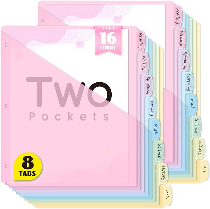 Sooez 8-Tab Binder Dividers with Two Pockets, 8 Tabs Dividers for 3 Ring Binder Organizers, 3-Hole Plastic Sheets Protectors for US Letter Size, School, College, Office Supplies, Pastels, Set of 2
