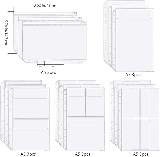 Binder Pockets, 15pcs A5 Size 6 Holes Binder Pockets, [Waterproof PVC Pouch] Premium Clear Binder Zipper Folders Document Filing Bags for 6-Ring Notebook Binder Loose Leaf Bags,-Clear