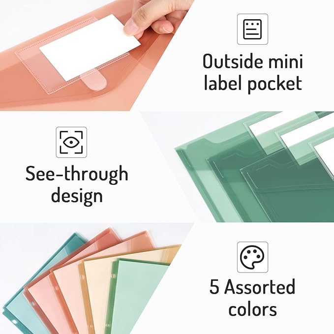 Forvencer Binder Pocket, 5 Pack Super Heavyweight Plastic Folders with Tight Closure, Binder Folders Side Loading, 3 Ring Binder Pocket, Binder Dividers with Pockets, Letter Size, Retro Series