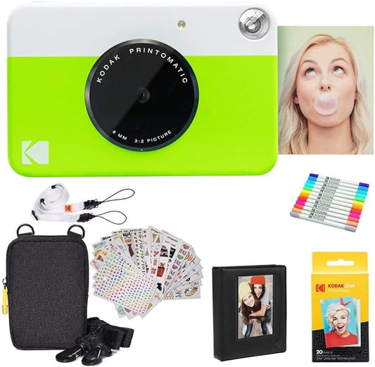 KODAK Printomatic Full-Color Instant Print Digital Camera Colorful Photos On Zink 2x3" Sticky-Back Photo Paper 5MP Gift Bundle: Case + Zink 2x3" 20pk + Album + Stickers + Frames + Markers - Green
