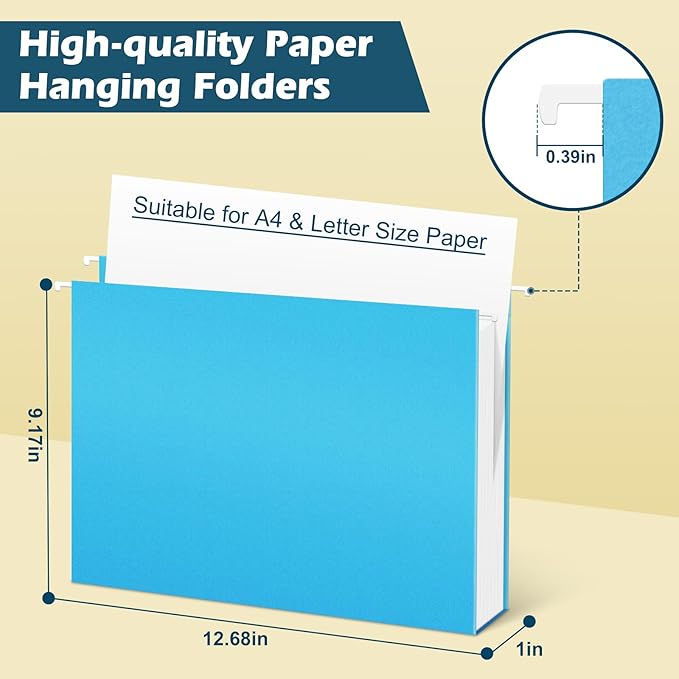 V-Opitos 12 Pack 1 Inch Expansion Hanging File Folders, Letter Size Hanging Folders with 1/5-Cut Adjustable Tab, Extra Capacity Hanging File Folders, Ideal School Classroom, Office Supplies
