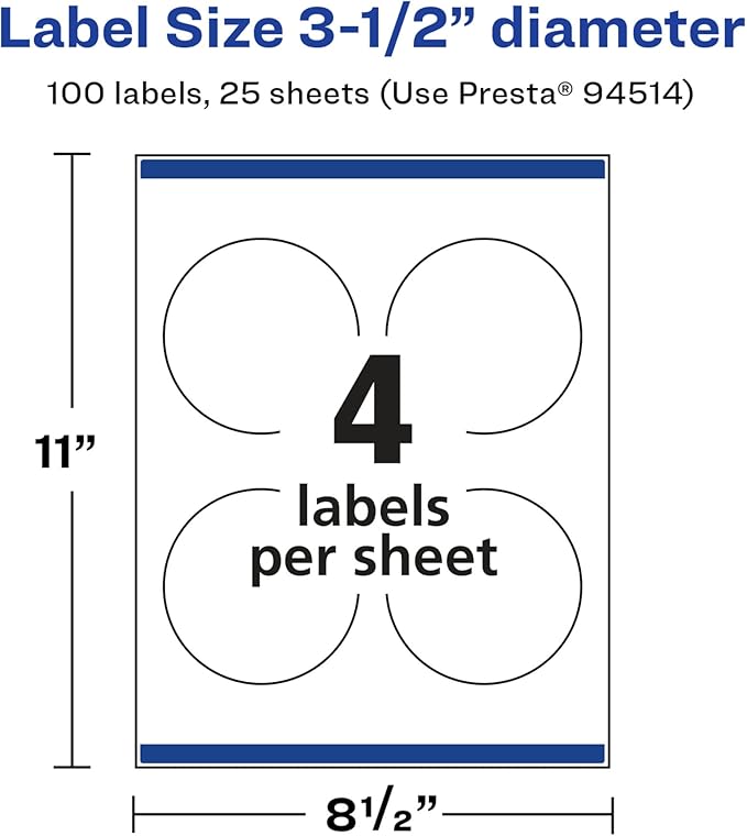 Avery Glossy White Round Labels, Sure Feed Technology, 3.5" Diameter, 100 Glossy White Labels, Print-to-The-Edge, Permanent Adhesive, Laser/Inkjet Printable