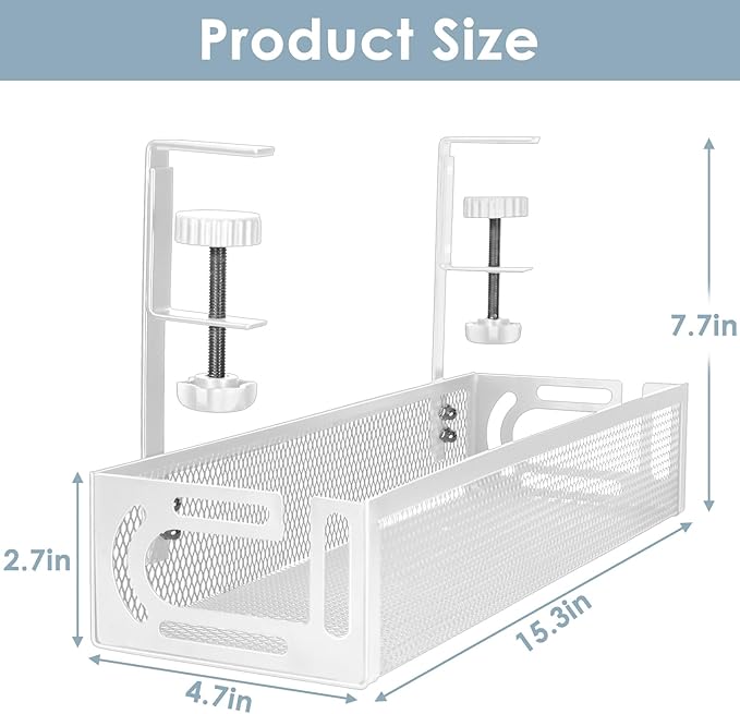 Under Desk Cable Management Tray, Cable Management Under Desk No Drill, Wire Management Tray with Clamp, Cord Organizer for Home Office, White