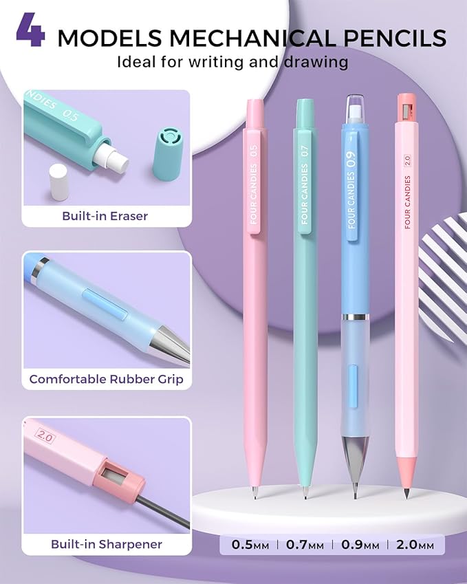 Four Candies 36PCS Aesthetic School Supplies, Mechanical Pencil Set 0.5mm, 0.7mm, 0.9mm & 2.0mm with 624 Lead Refills, Back to School Supplies for Writing & Drawing, Ideal Stationary Set Gift (Blue)