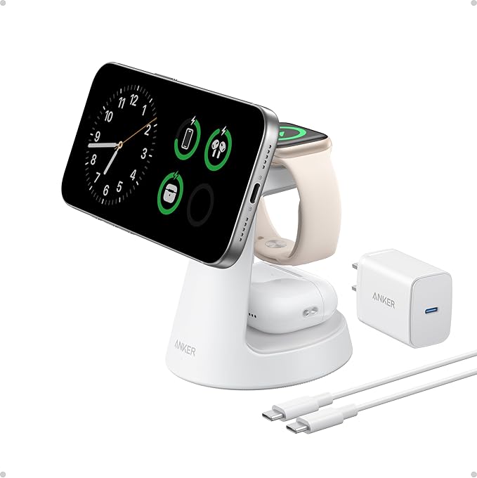 Anker MagSafe Charger Compatible, MagGo 3-in-1 Charging Station, Nano Charging Stand, Qi2 Certified 15W Magnetic Wireless Charger Dock, for iPhone17/16/15/14, Apple Watch,AirPods (Adapter Included)