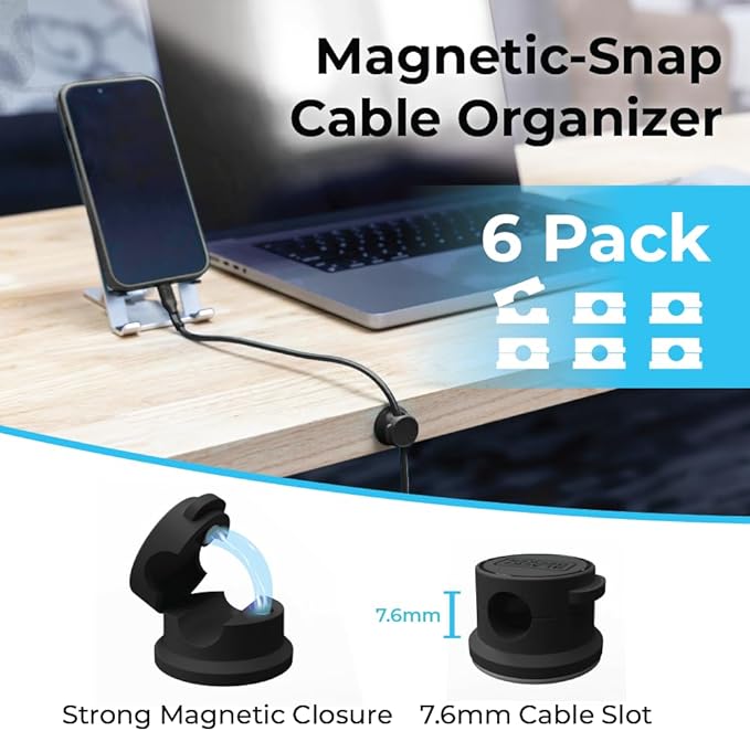 BLACK+DECKER Magnetic Cord Organizer Holder, 6 Pack Magnetic Cable Clips, Under Desk Cable Management, Strong Adhesive Cord Holder for Nightstand Kitchen Appliances Car Wall Office (Black)
