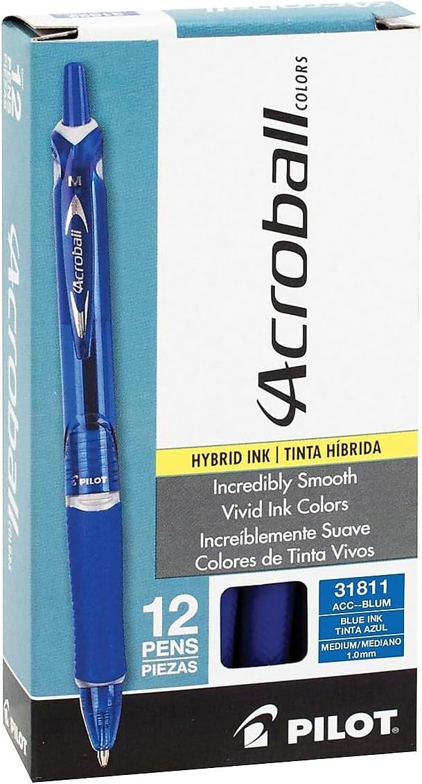 PILOT Acroball Colors Advanced Ink Refillable & Retractable Ball Point Pens, Medium Point, Blue Ink, 12-Pack (31811)