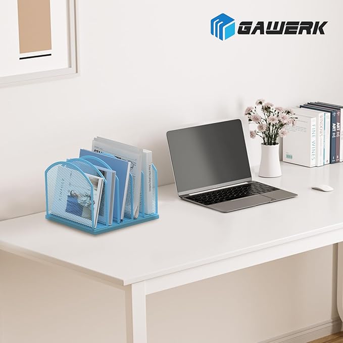 5-Section Vertical Desktop Organizer, 5-Section Mesh File Folder Stand Sorter for Office Home Classroom Organization (1, Blue)